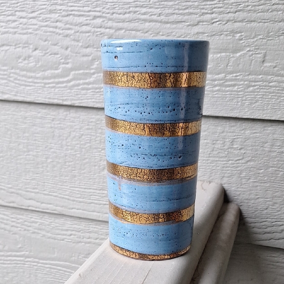 Vintage Other - Vintage MCM Italian Striped Gold Crackle & Blue Pottery Vase 7" Signed